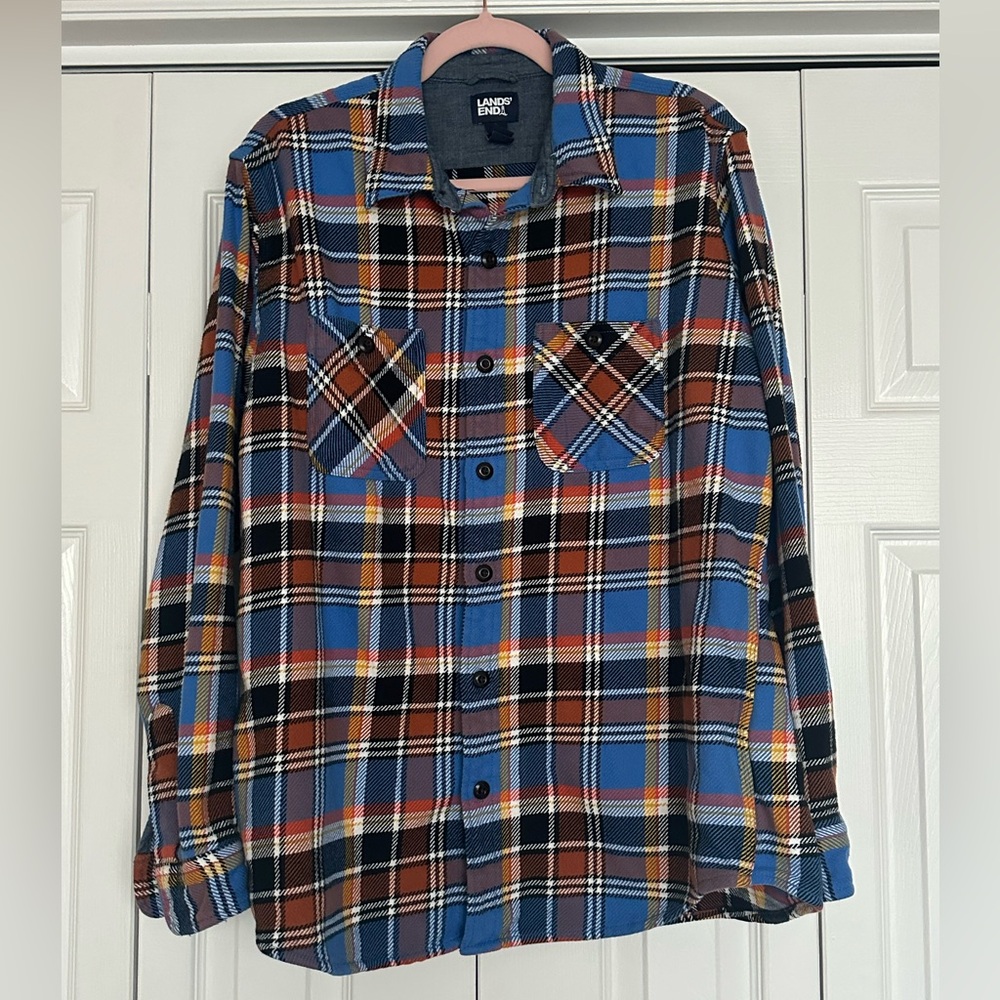 LANDS' END Men's Traditional Fit Plaid Flannel Button Down L 42-44 CabinCore - Picture 1 of 11